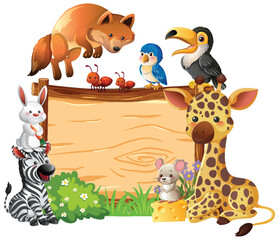 Fototapeta premium Cartoon Jungle Animals Around Wooden Signboard Illustration