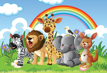 Obraz premium Cartoon Safari Animals in Colorful Outdoor Landscape