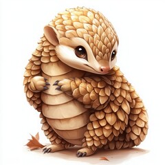 Adorable pangolin cub with expressive eyes, perfect for children's books and conservation awareness campaigns, a heartwarming wildlife illustration, charming and delightful