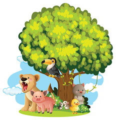 Fototapeta premium Cartoon Forest Animals Gathered Under Lush Green Tree