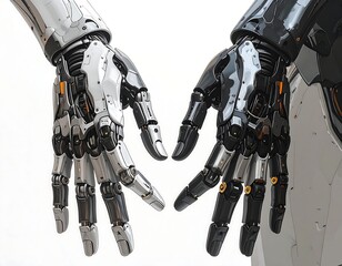 Fototapeta premium Metallic robot hands with intricate details, white and black