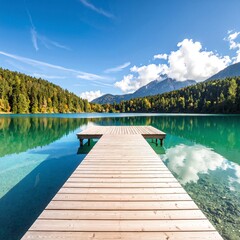 A rustic wooden dock extends gracefully over the calm waters of a serene lake, surrounded by lush greenery and distant mountains under a clear blue sky.