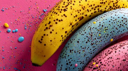 Pop art pattern of vibrant yellow and sky blue bananas with black leopard spots on a hot pink background Pop Art Prints, Retro Fruit Patterns, Bold Fashion Graphics
