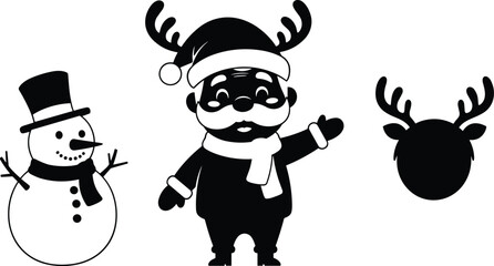 Black and white Christmas illustration featuring snowman, Santa with antlers, and reindeer silhouette in festive winter holiday cartoon graphic design © Nur-Nobin Creations