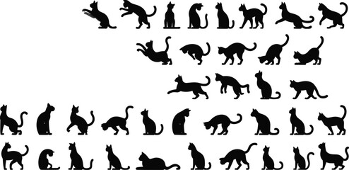 Black cat silhouettes, various cat poses, feline vector icons, sitting and walking cats, playful cat shapes, domestic cats, pet animal illustrations, cat clipart collection