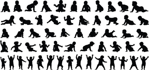 Black baby silhouette collection, sitting crawling standing poses, child growth stages, infant activity, adorable toddler, isolated vector, diverse baby shapes set