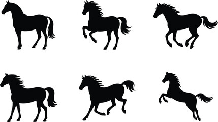Black horse silhouettes, vector equine icons, galloping horse design, rearing horse clipart set, wild animal outline art, horse motion illustration pack, equestrian graphic collection