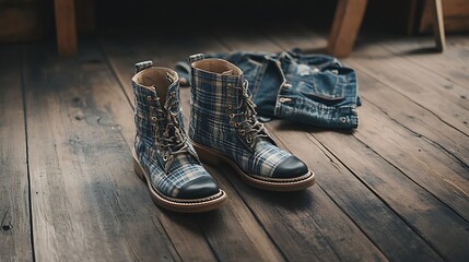 Stylish blue plaid combat boots rest beside a folded denim jacket on a rustic dark wooden floor background