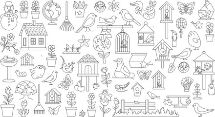 Fototapeta premium Birdhouse garden vector icons, outline drawing, birds, flowers, plants, butterflies, bird feeders, house, nature, black white graphic illustrationflat vector illustration