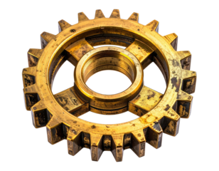 Detailed close-up of a weathered, golden gear with intricate teeth and a central hub