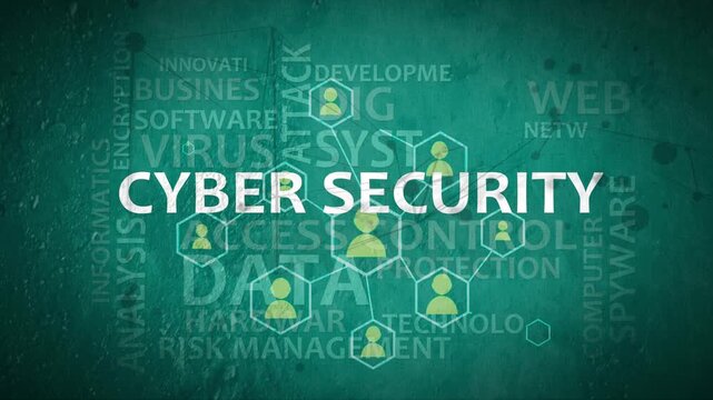 Cyber security typography animation, consisting of important words and concepts. People connected by nodes and lines.