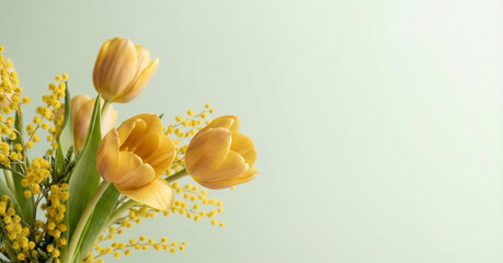 Fototapeta premium Bouquet of yellow tulips and mimosa flowers on pale green background.Copy space. Greeting card mockup.Banner. International Women's Day, March 8 , Easter, spring flowers background template