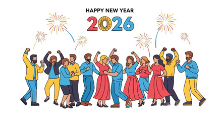 group of people with fireworks new year 2026