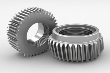 3d render of two metal nuts with gear teeth on white background for industrial engineering, mechanical design and hardware component concepts