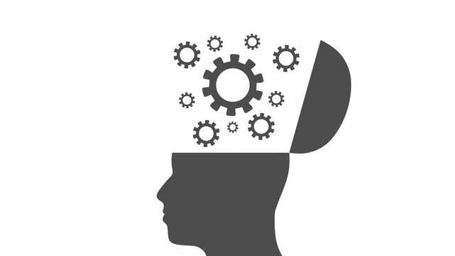 Human head with gear wheels. Productivity, effectiveness concept. Intelligence and knowledge development with brain performance. Gears and technical wheels as thoughts.