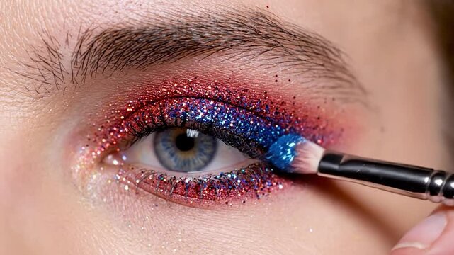 Close up view of an eye with vibrant glitter makeup application