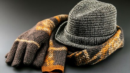 Warm winter accessories including a tweed fedora hat knitted gloves and a plaid scarf resting on a dark surface