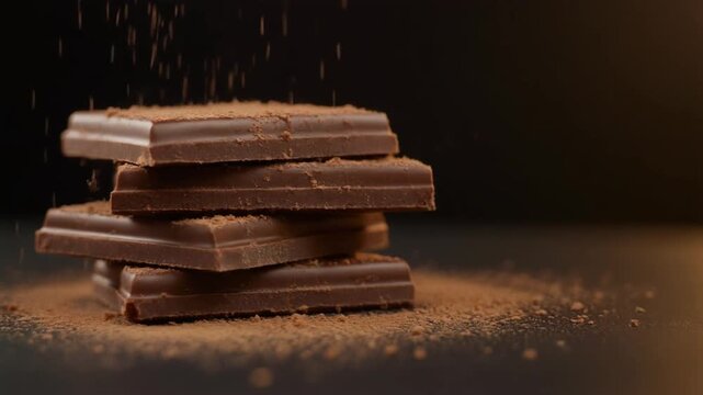 Delicious dark chocolate bars stacked on a rustic surface, with a gentle shower of fine cocoa powder falling, creating an inviting and rich dessert scene