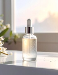 Naklejka premium Hydrating facial oil in glass bottle, sunlit natural beauty