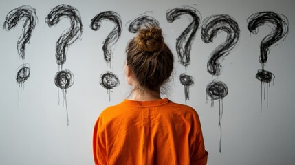 Woman Thinking at Whiteboard with Question Marks