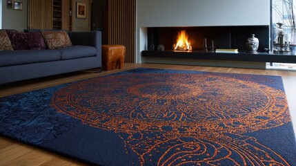 Dark Blue Mandala Carpet in Modern Living Room