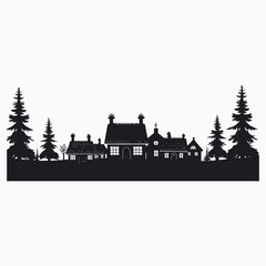 Fototapeta premium Serene Black Silhouette of a Cozy Village Nestled Among Tall Pine Trees, Evoking Quiet Winter Charm and Rustic Countryside Peace