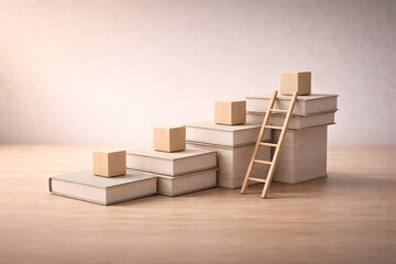 A conceptual image depicting a small wooden ladder leaning against a stack of books or boxes, symbolizing progress, growth, and the journey of learning or achievement.
