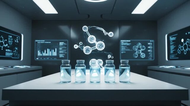 Front angle futuristic visualization of transparent peptide molecules enhancing biotechnology for luxury anti aging skincare and cosmetic research
