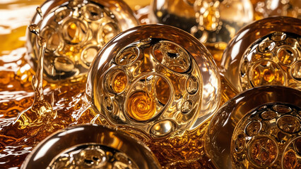 Golden Glass Spheres in Reflective Liquid