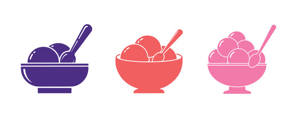 A bowl of ice cream with a spoon icon on a white background. Sweet symbol. Colorful icon set. Vector