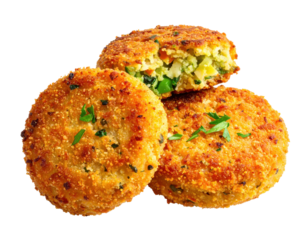 Stacked golden vegetable fritters with visible peas, carrots, and herbs on a white background
