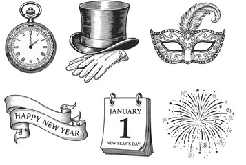 Vintage New Year's Eve elements, including clock, hat, mask, gloves, calendar, banner, and fireworks