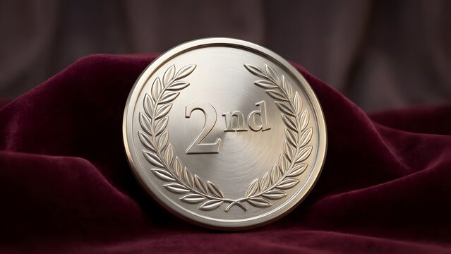 Close up of second place silver award medal with 2nd text and laurel wreath resting on luxurious red velvet fabric folds