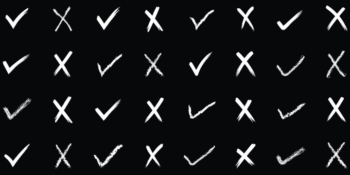Hand drawn check mark icon set. tick, cross signs for checkbox, checklist, v and x in sketch doodle brush marker checklist symbol. grunge brush style vector illustration.