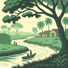 Stunning vintage style tropical village scene with people canoeing down a winding river surrounded by lush green jungle © Stock