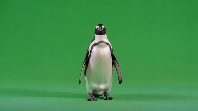 A cute penguin stands on a green screen background, looking forward.