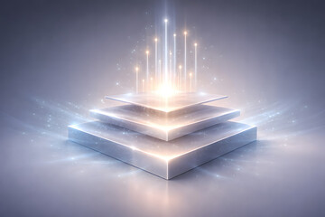 Abstract representation of data flow and technological advancement with glowing light beams emanating from a tiered platform structure.