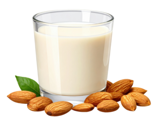 Glass of almond milk with almonds and green leaf on white background 