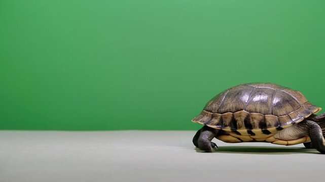 A small turtle with a striped neck walks on a white surface against a green background.