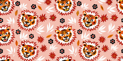Vintage patterned background with repeating lion head motifs and floral elements © Kabita
