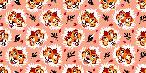 Repeating pattern featuring charming tiger faces with floral elements on a pink background