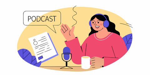 A woman recording a podcast with headphones microphone and notes