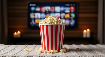 Popcorn Bucket in Front of Tv with Streaming Interface and Lit Candles