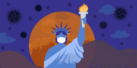 Statue of liberty wearing a mask amid virus outbreak a symbolic illustration © Kabita