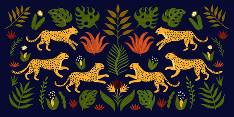 Stylized leopards amidst lush tropical foliage on a dark navy background © Kabita