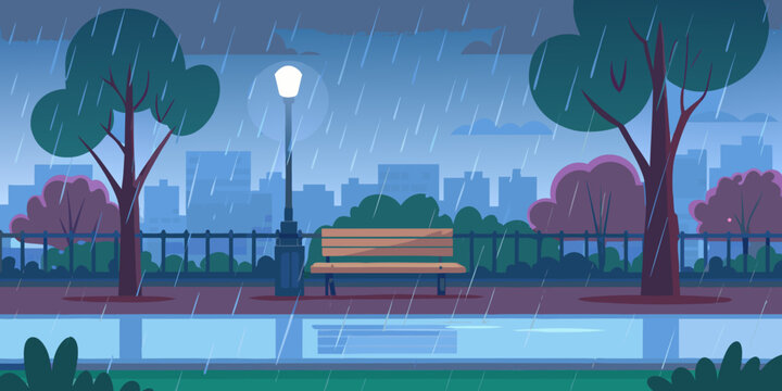 A rainy night in the city park with a lone bench and streetlamp