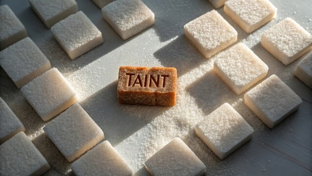 A tainted sugar cube among other white sugar cubes