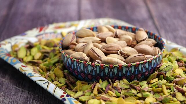 Pistachios in a colorful bowl on a patterned tray