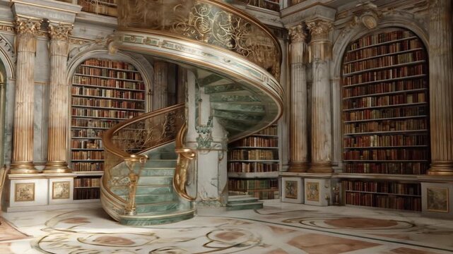 Elegant library interior with spiral staircase and ornate architectural details