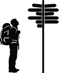 Hiker with Backpack Looking at Signpost Silhouette Vector Illustration, Travel and Adventure Concept, Finding Direction and Making Decisions, Isolated on White © Hello World